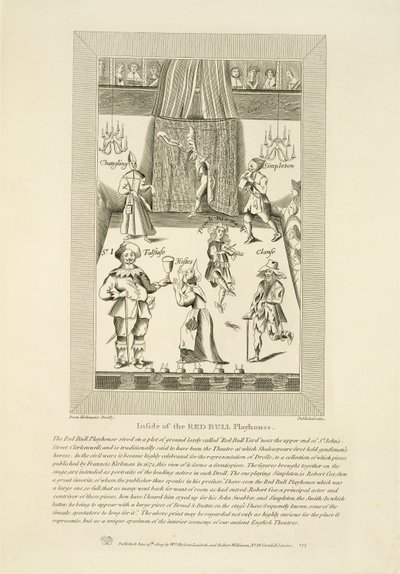 Inne i Red Bull Playhouse, framsidan av en samling drolls av Francis Kirkmans första pub. år 1672, pub. av William Herbert och Robert Wilkinson, 1809 av English School